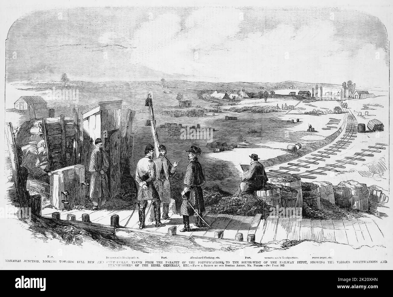 Manassas Junction, looking towards Bull Run and Centreville, Virginia, taken from the parapet of the fortifications to the southwest of the railway depot, showing the various fortifications and headquarters of the Rebel Generals, etc. April 1862. 19th century American Civil War illustration from Frank Leslie's Illustrated Newspaper Stock Photo
