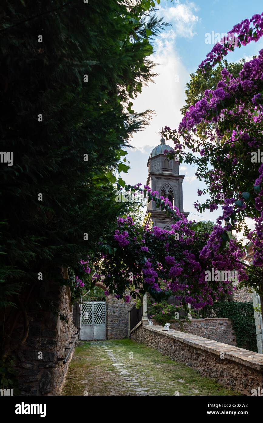church image with flowers , religion and belief concept Stock Photo
