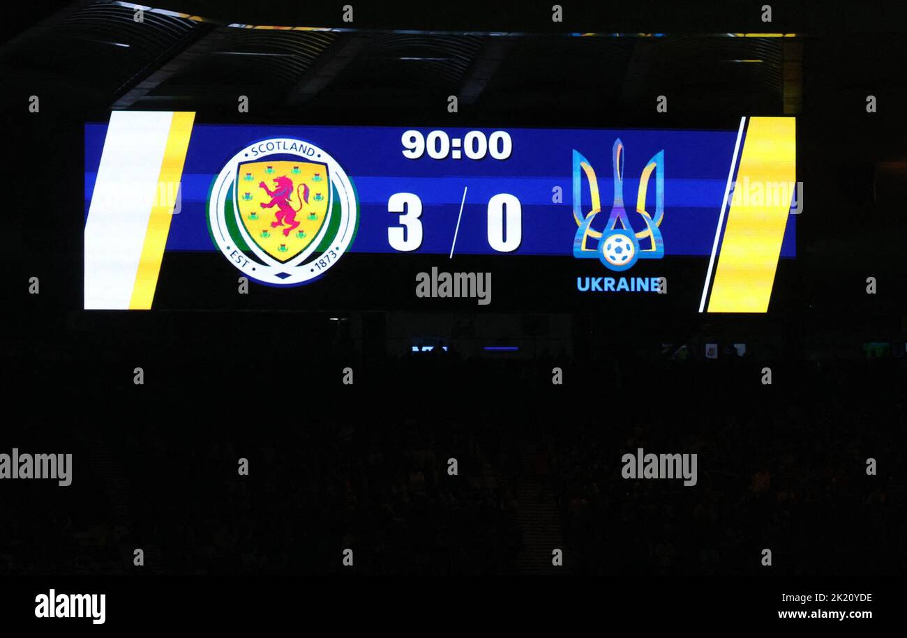 Soccer Football - UEFA Nations League - Group E - Scotland v Ukraine - Hampden Park, Glasgow, Scotland, Britain - September 21, 2022 General view of the scoreboard after the match REUTERS/Russell Cheyne Stock Photo