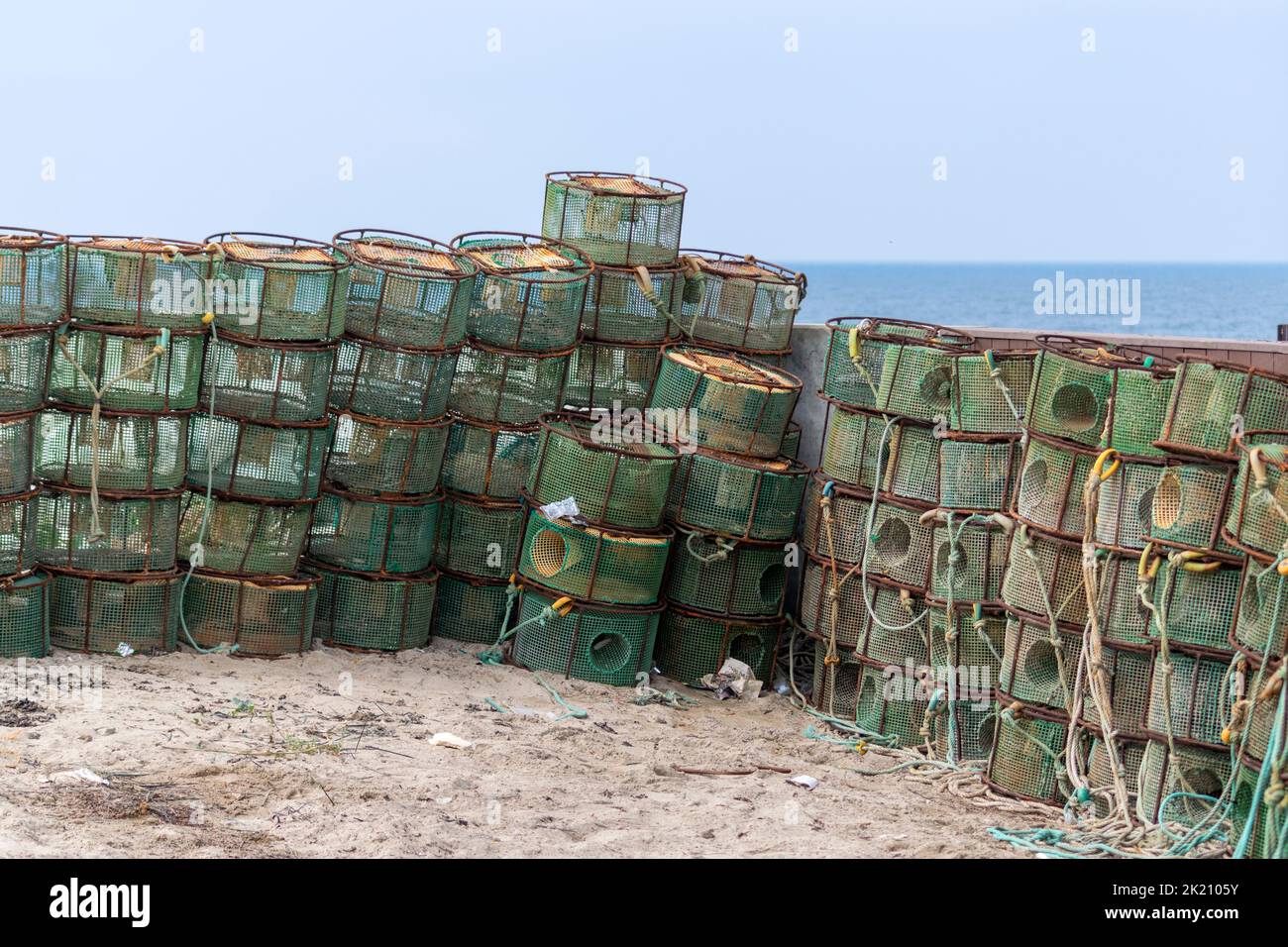 Fish and crab traps used  by fishermans, catching crabs and fishes on the ocean. Ocean lifestyle. Stock Photo