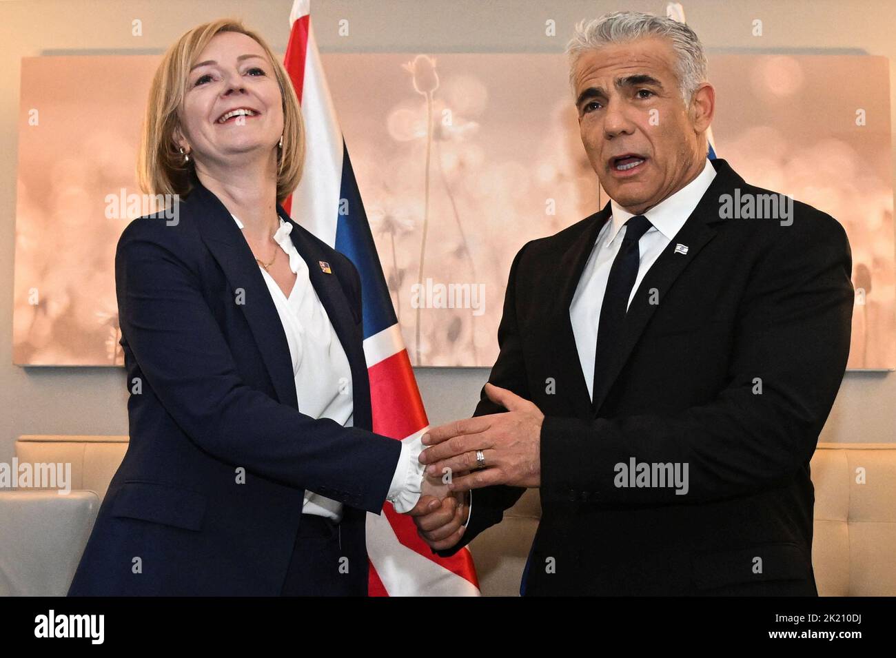 Prime Minister Liz Truss holds a bilateral with Israeli Prime Minister Yair Lapid at the UN building in New York, during her visit to the US to attend the 77th UN General Assembly. Picture date: Wednesday September 21, 2022. Stock Photo