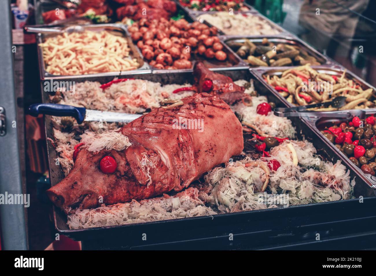 Whole roasted pig for sale at open market. High quality photo Stock