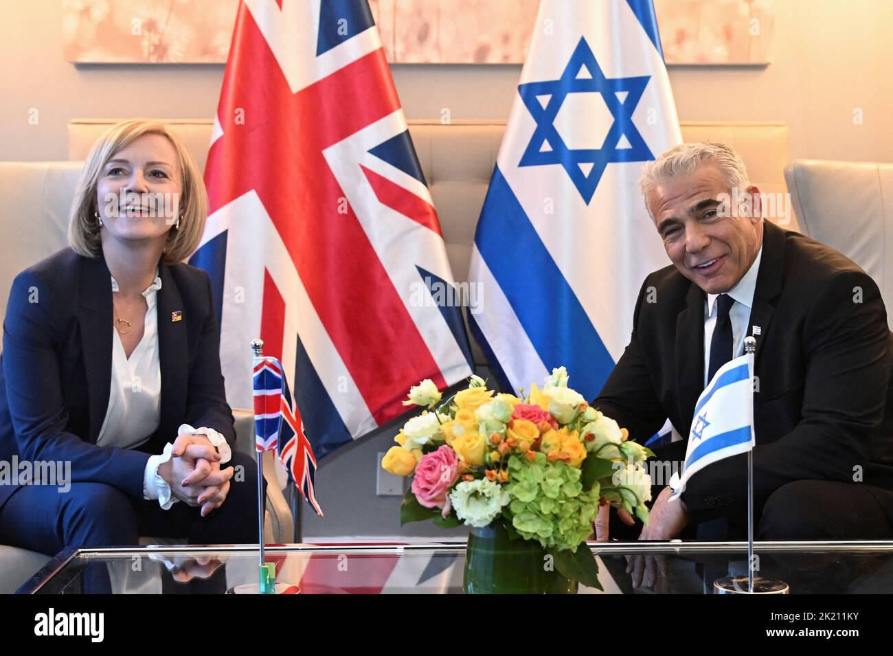Prime Minister Liz Truss holds a bilateral with Israeli Prime Minister Yair Lapid at the UN building in New York, during her visit to the US to attend the 77th UN General Assembly. Picture date: Wednesday September 21, 2022. Stock Photo