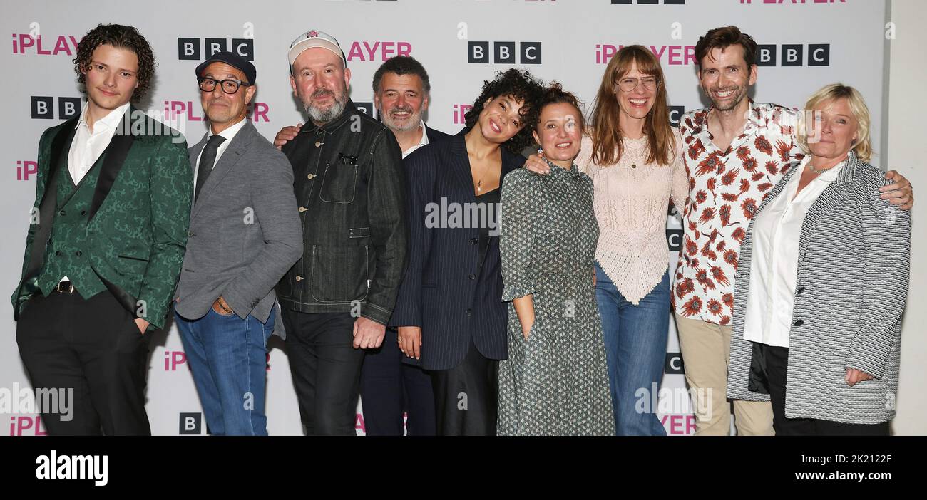 (left to right) Louis Oliver, Stanley Tucci, Paul McGuigan, Steven Moffatt, Lydia West, Linsday Marshall, Dolly Wells, David Tennant and Sue Virtue attends the screening of new BBC One drama, Inside Man at the BFI Southbank, in London.Picture date: Wednesday September 21, 2022. Stock Photo