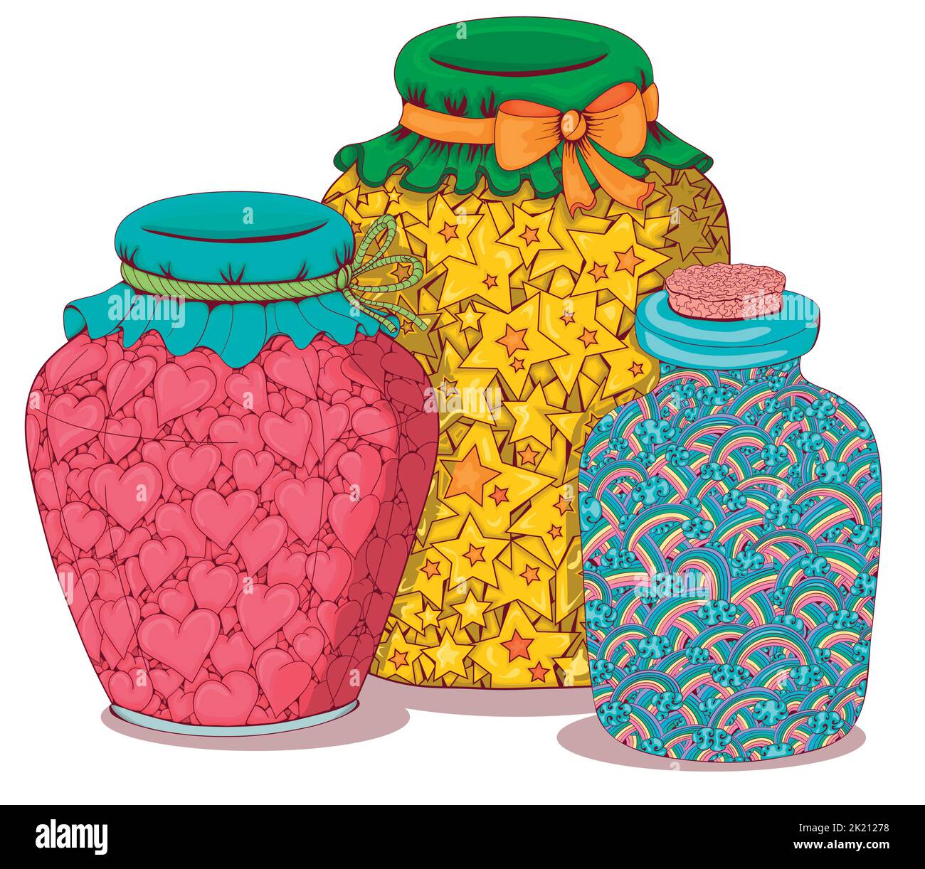 Jars emotion set. Jam with the taste of love. Hearts in a jar. Stars in