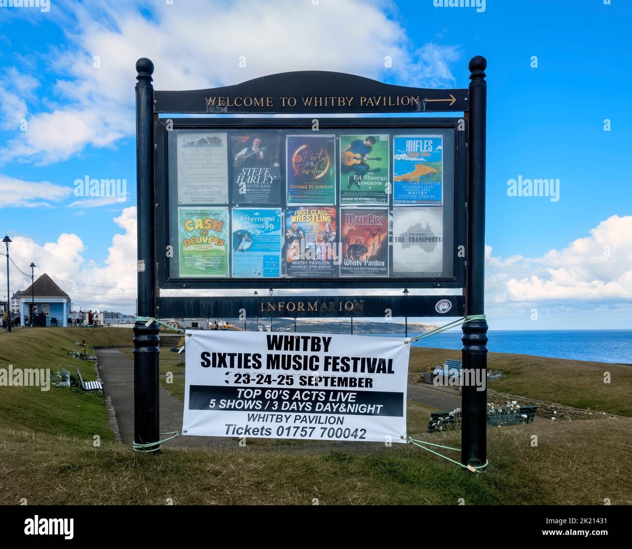 A Whitby Pavilion Information Board showing upcoming events, including a Sixties Music Festival. Stock Photo