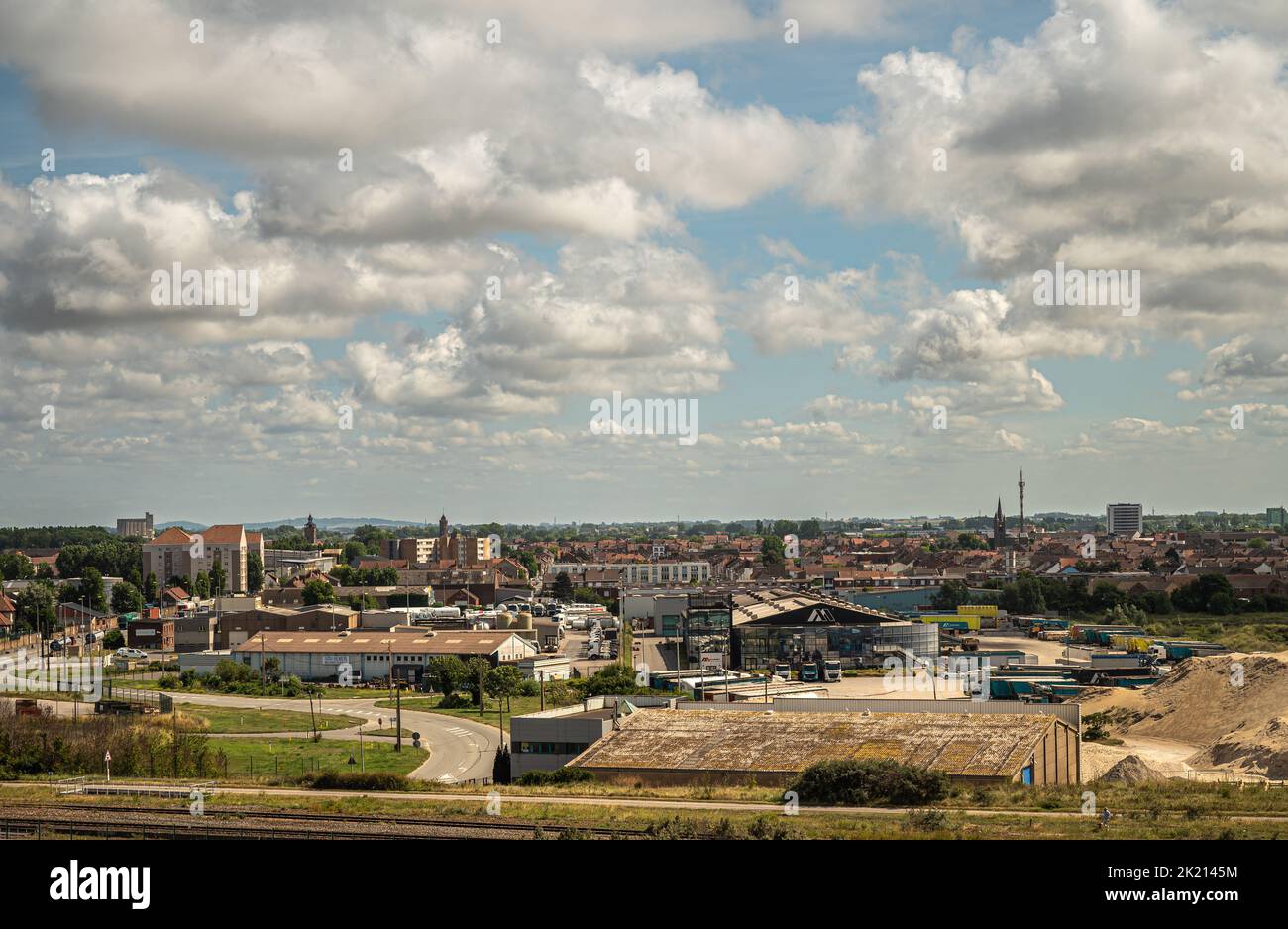 Europe, France, Dunkerque - July 9, 2022: Port scenery. Mauffrey Flandres Maritime offices, transport company with storage facilities. City skyline on Stock Photo