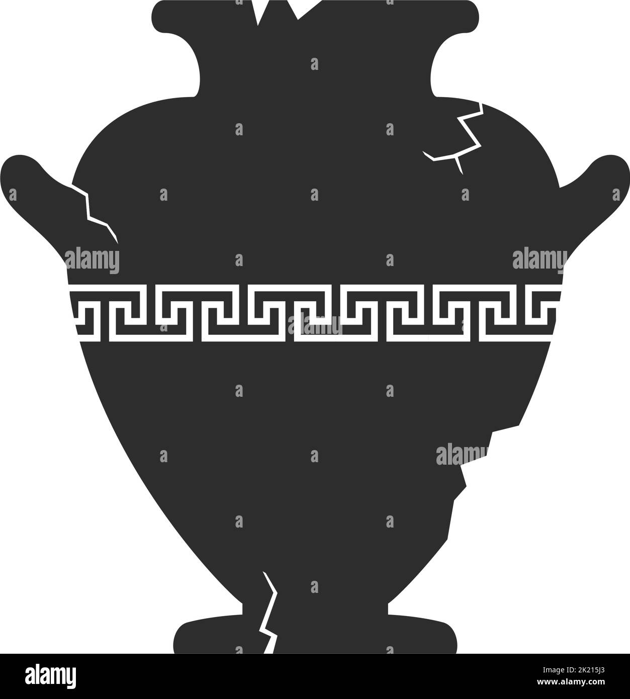 Broken amphorae silhouette. Cracked ancient greek vase with meander pattern. Antique ceramic jar or vessel. Old clay pottery. Vector Stock Vector