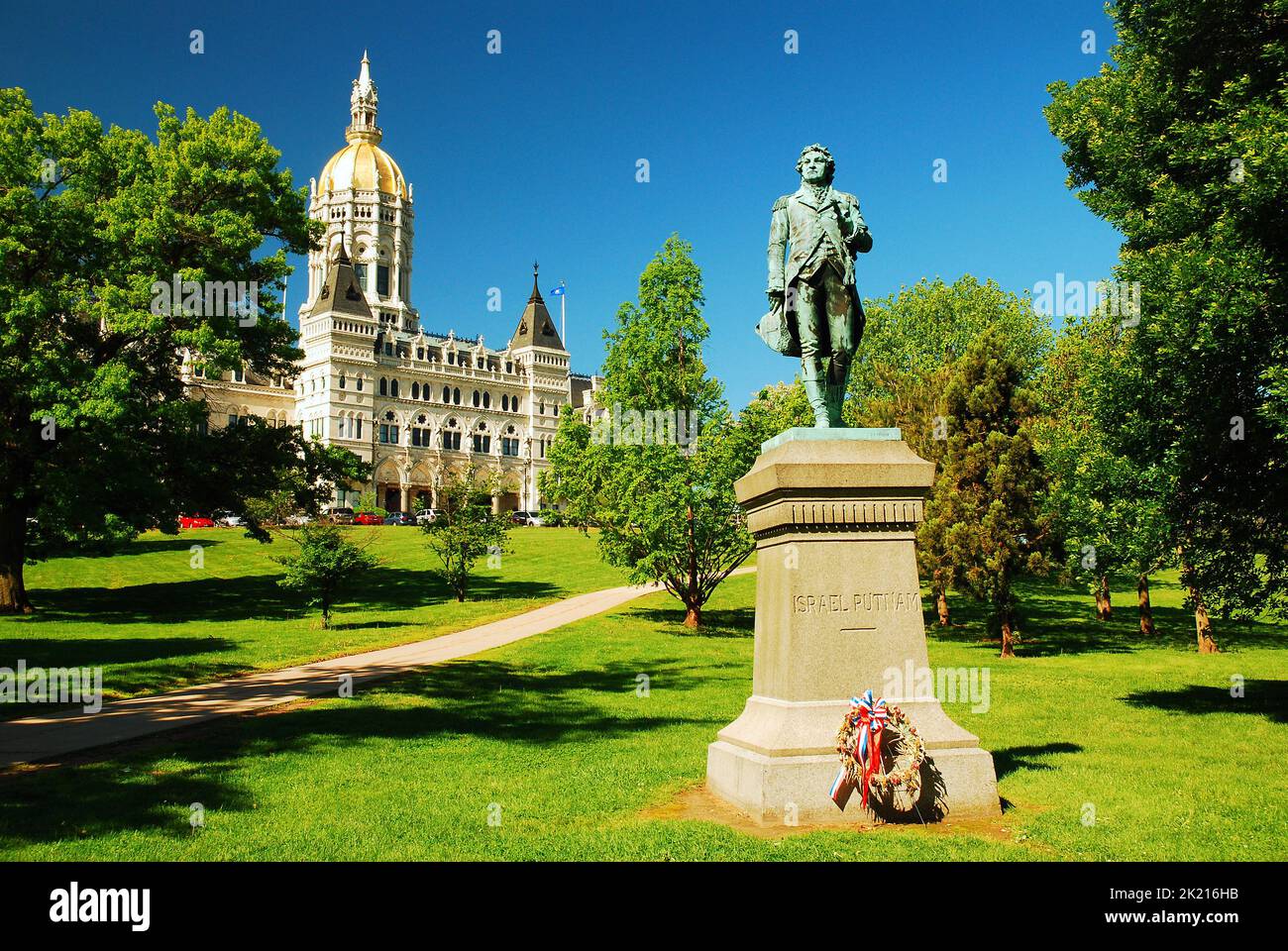 A statue of Israel Putnam stands on the grounds of the Connecticut State Capitol, the seat of state politics, in Hartford Stock Photo