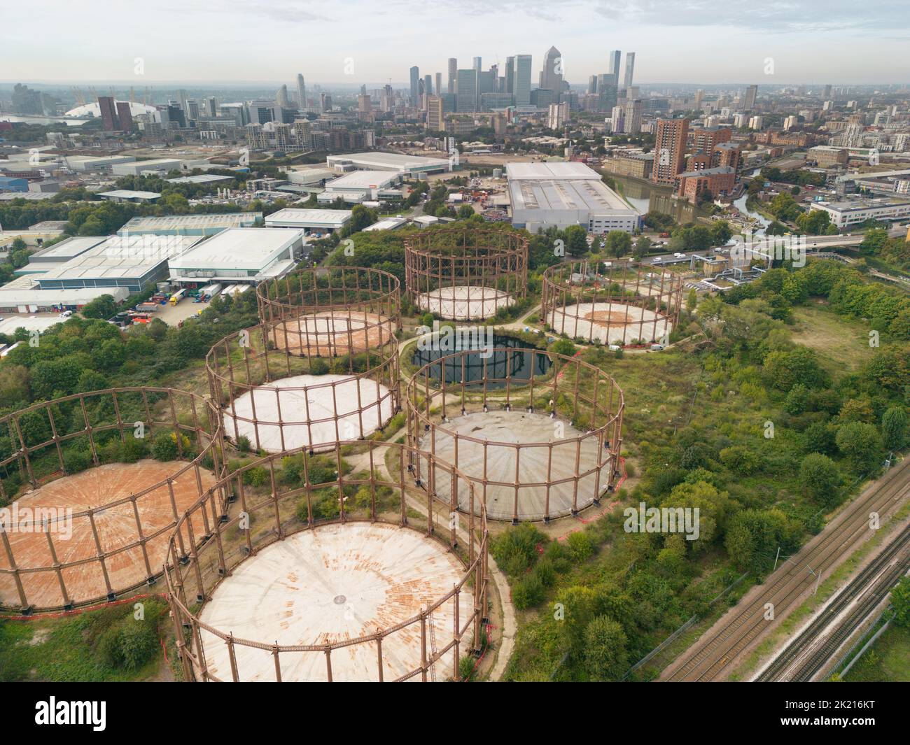 The Bromley-by-Bow gasholders are a group of seven cast iron Victorian gasholders in Twelvetrees Crescent, West Ham, London Stock Photo