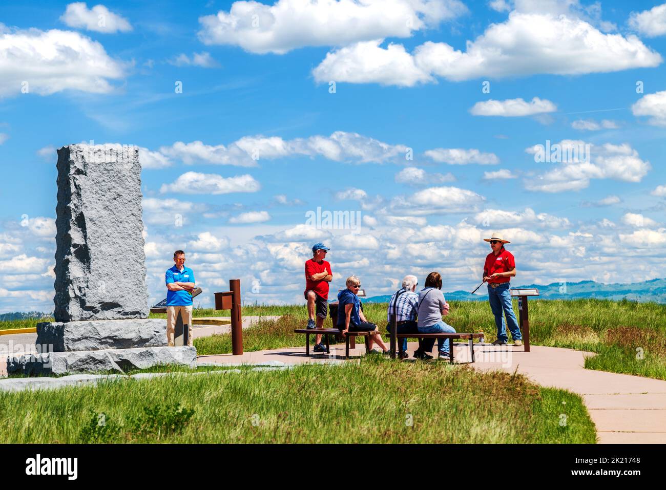 Native American Indian tourguide and visitors; Little Bighorn Battlefield National Monument; Montana; USA Stock Photo