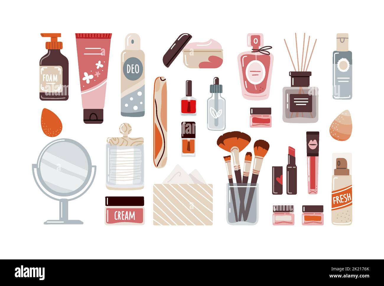 Makeup cosmetics in flat style top view on white background.Vector illustration Stock Vector