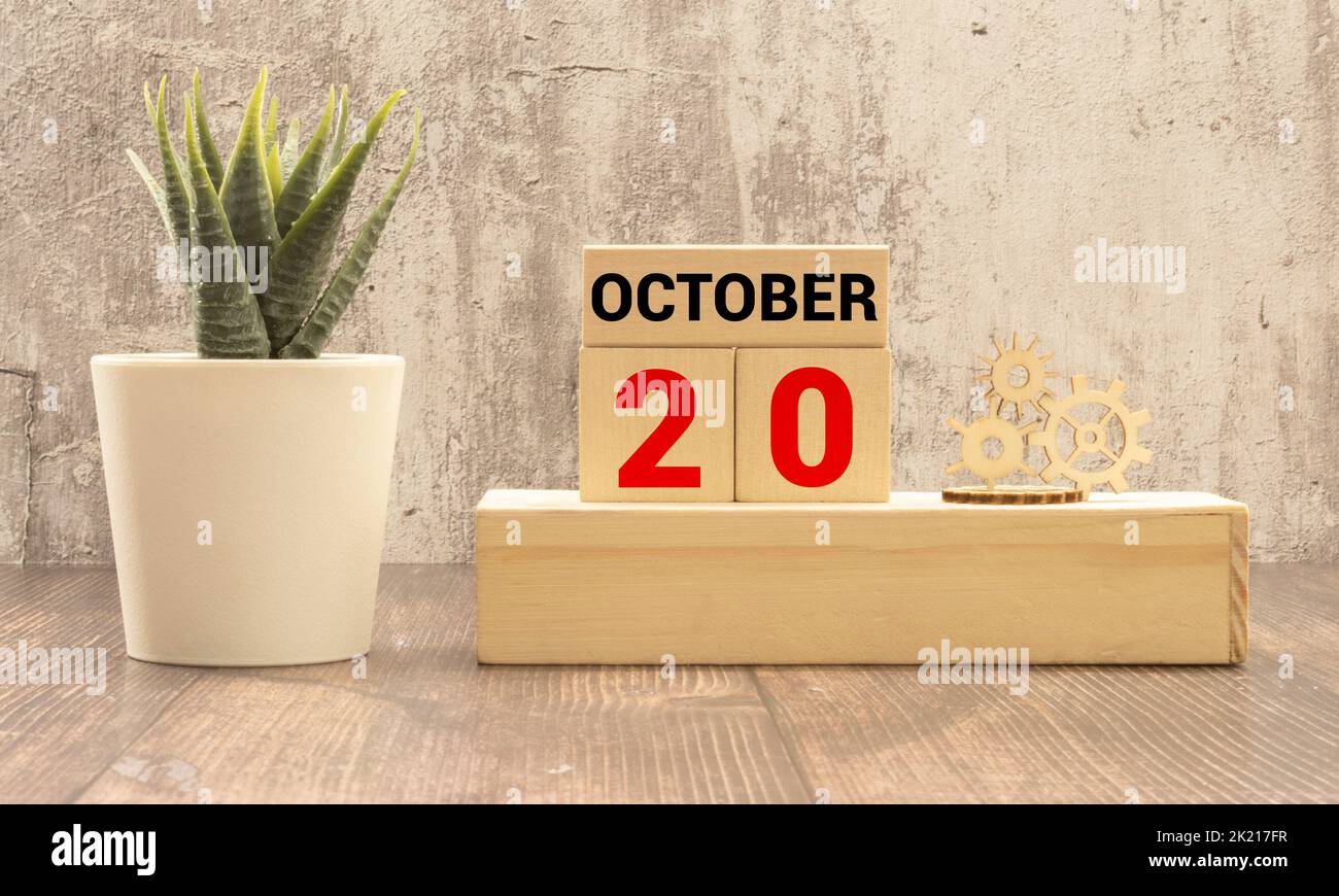 October 20 calendar date text on wooden blocks with copy space for ideas. Copy space and calendar concept. Stock Photo