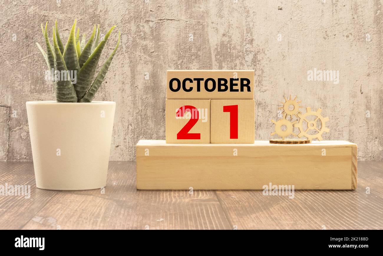 October 21 calendar date text on wooden blocks with copy space for ideas. Copy space and calendar concept. Stock Photo