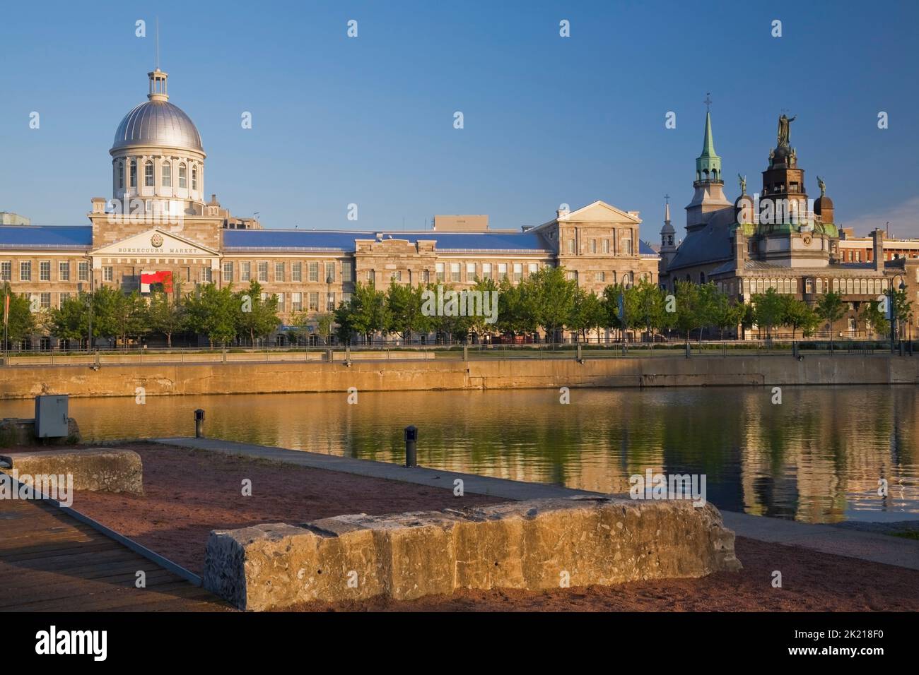 Bonsecours Market and Notre-Dame-de-Bonsecours Chapel in early morning in late spring, Old Port of Montreal, Quebec, Canada Stock Photo