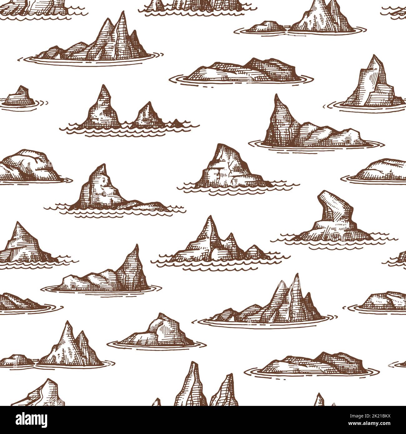 Rocks outliers, reefs and shallows seamless pattern, vector background. Sea reefs or ocean island stones and beach rocks with coast shore cliffs and mountains in water waves, sketch monochrome pattern Stock Vector