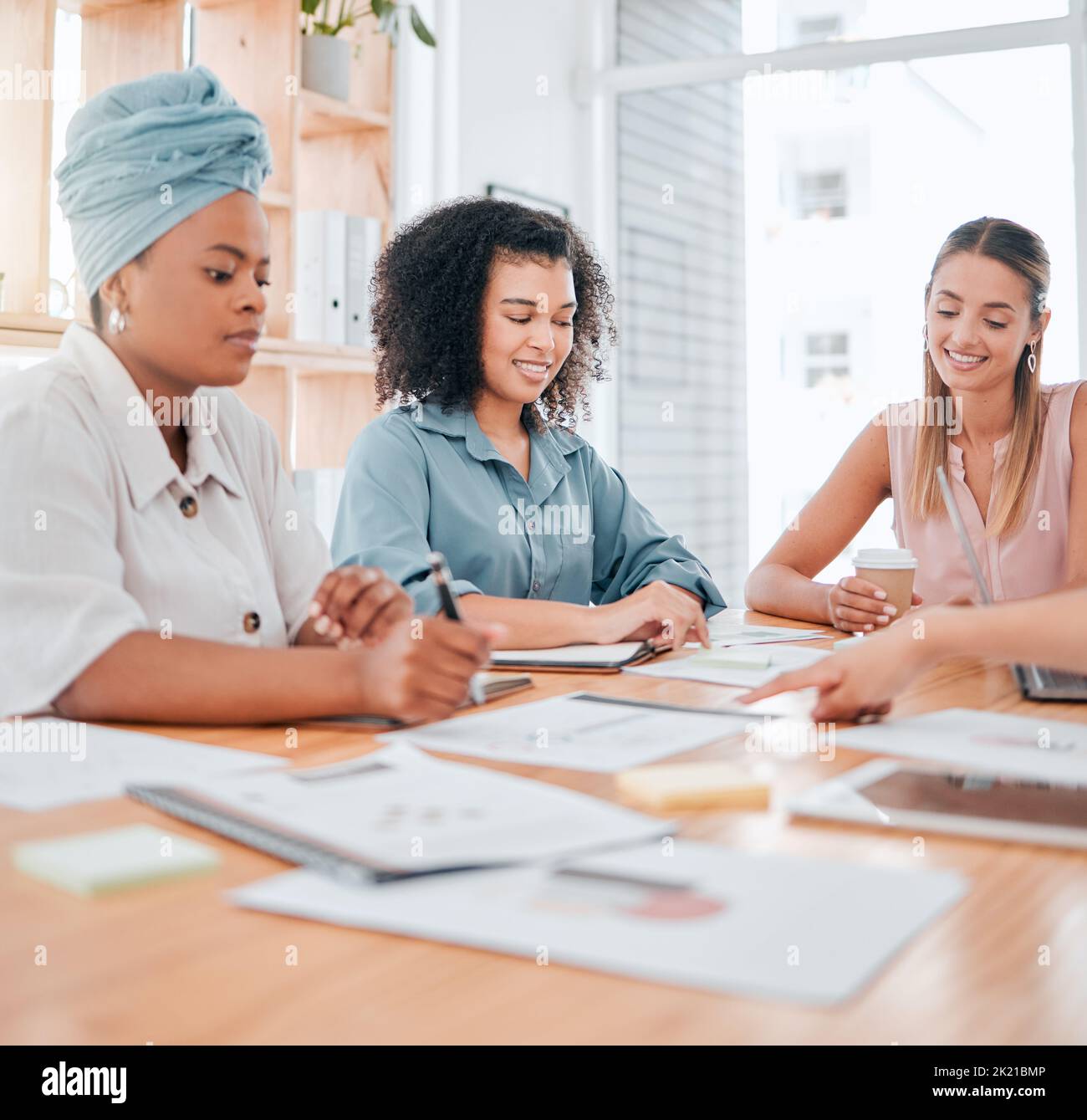 Paperwork, corporate women team consulting in an office for a business