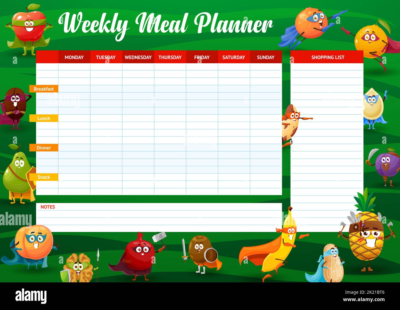 Cartoon cheerful fruits superhero and defender characters. Weekly meal