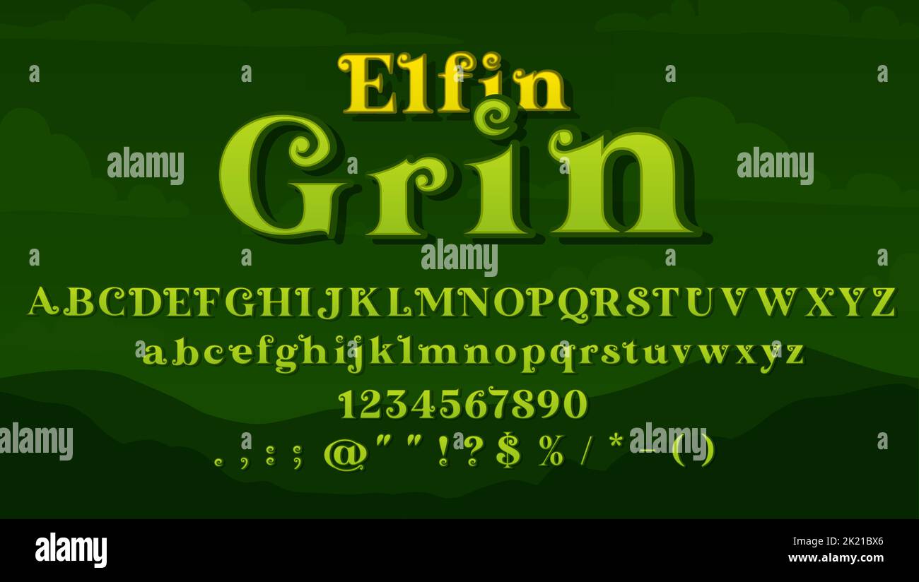 Magic font, Medieval typeface or fairy type alphabet, vector fantasy typography text. Cartoon magic font and ABC letters for fairy tale of elf or elfin grin, Medieval green typeface with curly symbols Stock Vector
