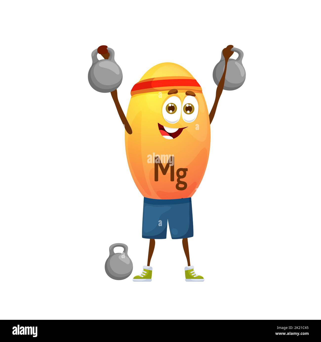 Cartoon magnesium athlete character with dumbbells. Cheerful Mg mineral