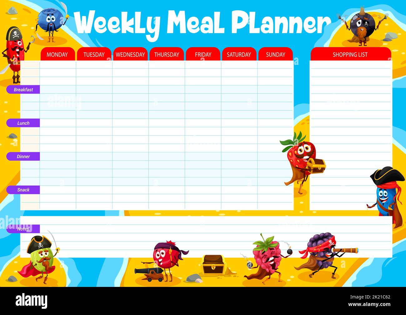 Weekly meal planner. Cartoon berry pirates and corsairs on island. Meal ...