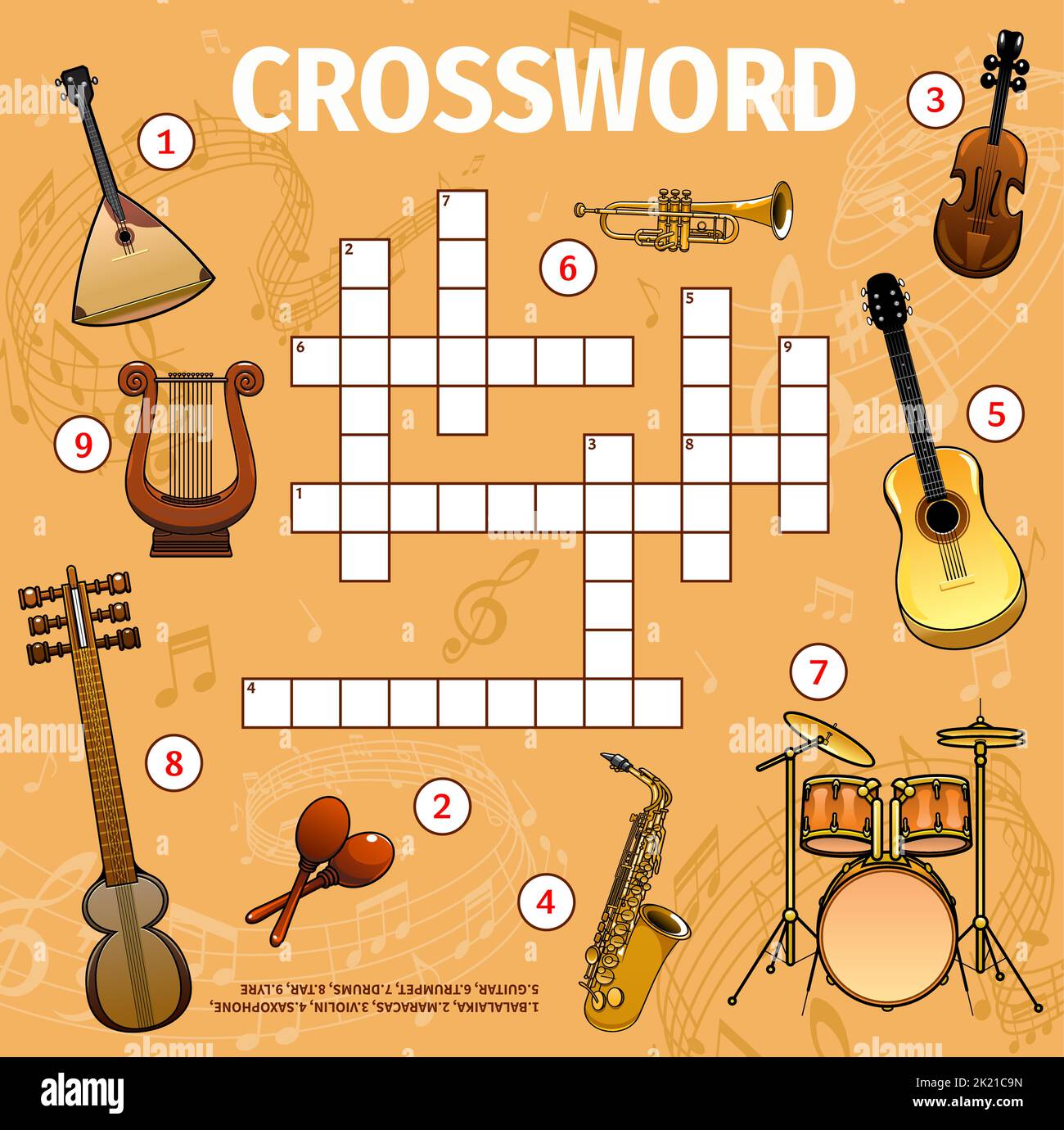 Musical instruments and sound waves crossword grid, worksheet to find word, vector quiz game. Kids puzzle crossword with music instruments, guitar or violin and saxophone, maracas, drums and trumpet Vector Image