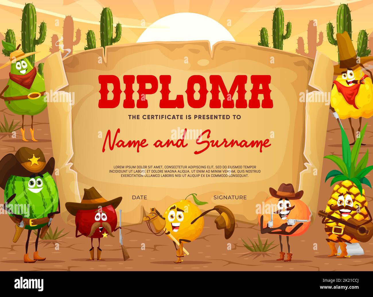 Kids diploma of Wild West cartoon fruit cowboy, ranger, sheriff and robber characters. Vector award certificate or diploma with western personages of lemon, apple and watermelon, pineapple and pear Stock Vector