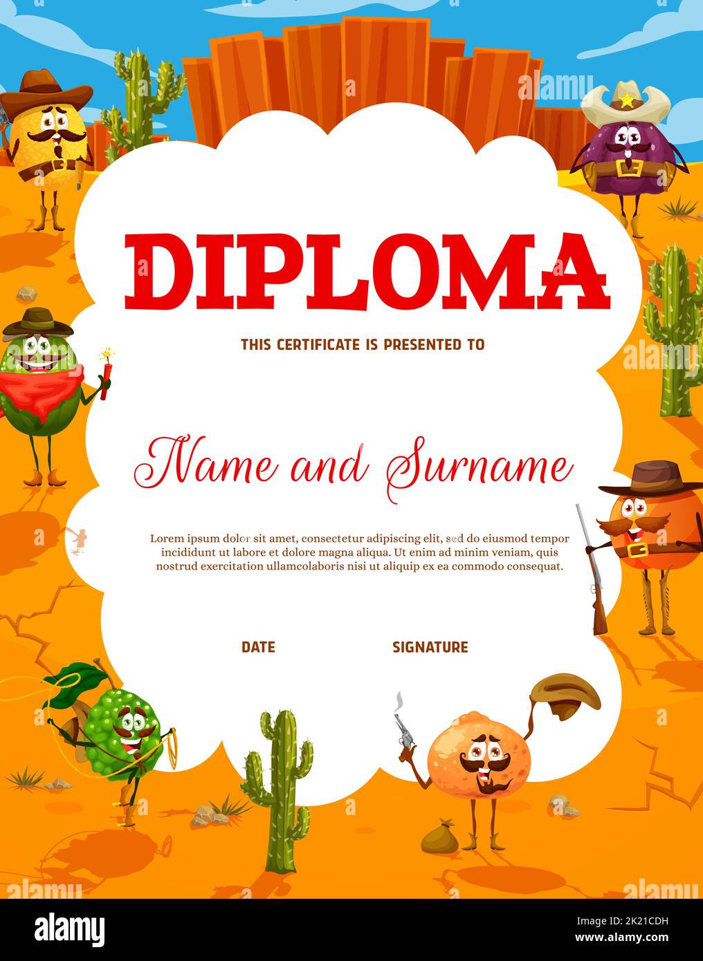 Wild West kids diploma. Cartoon cowboy, sheriff, ranger and bandit fruit characters vector certificate. Western award of child education with fig, watermelon, orange and melon berry personages Stock Vector