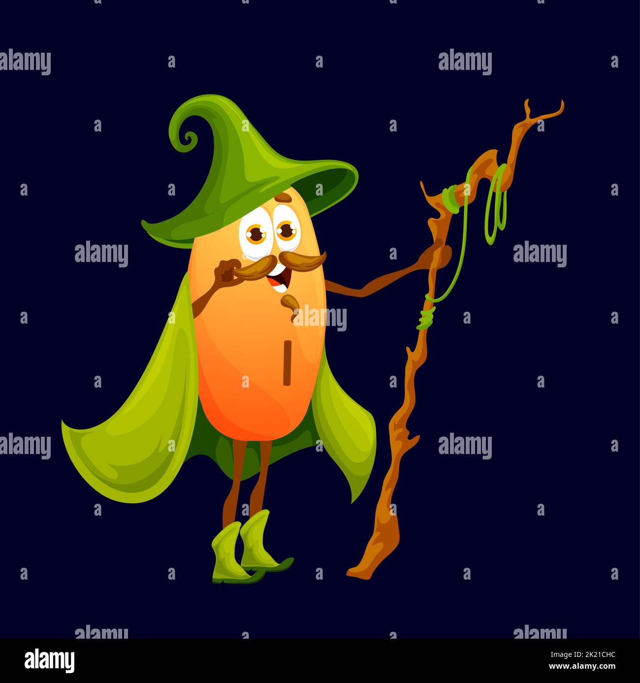 Cartoon iodine micronutrient wizard character. Isolated vector I warlock capsule personage wear witch hat, green cap, e hold staff in hand. Funny food supplement wiz, nutrient or element bubble mage Stock Vector
