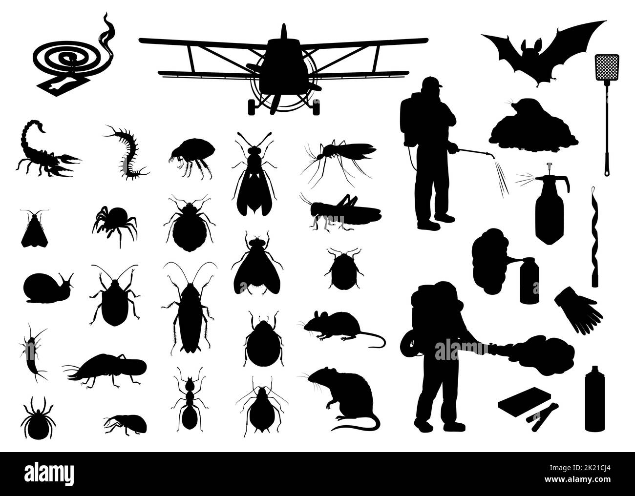 Pests control equipment, insects and animals vector silhouettes
