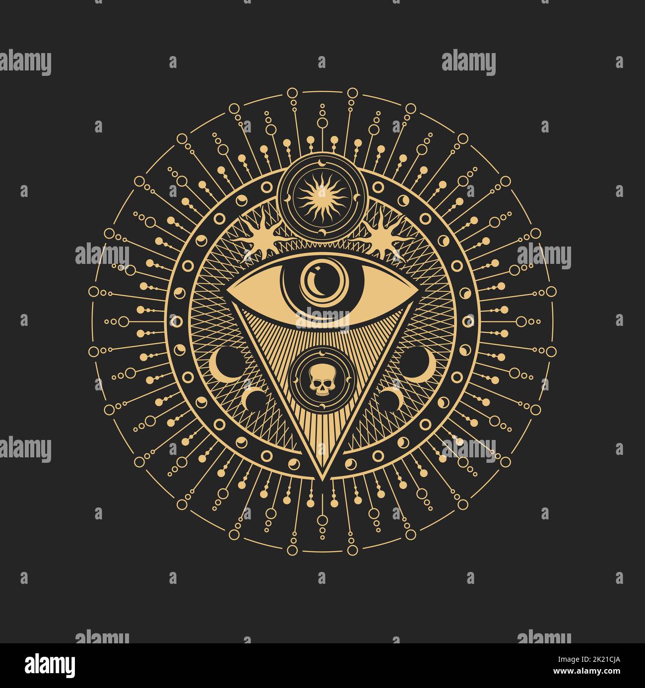 Esoteric occult symbol vector Eye of Providence inside of circle with sun, moon and human skull