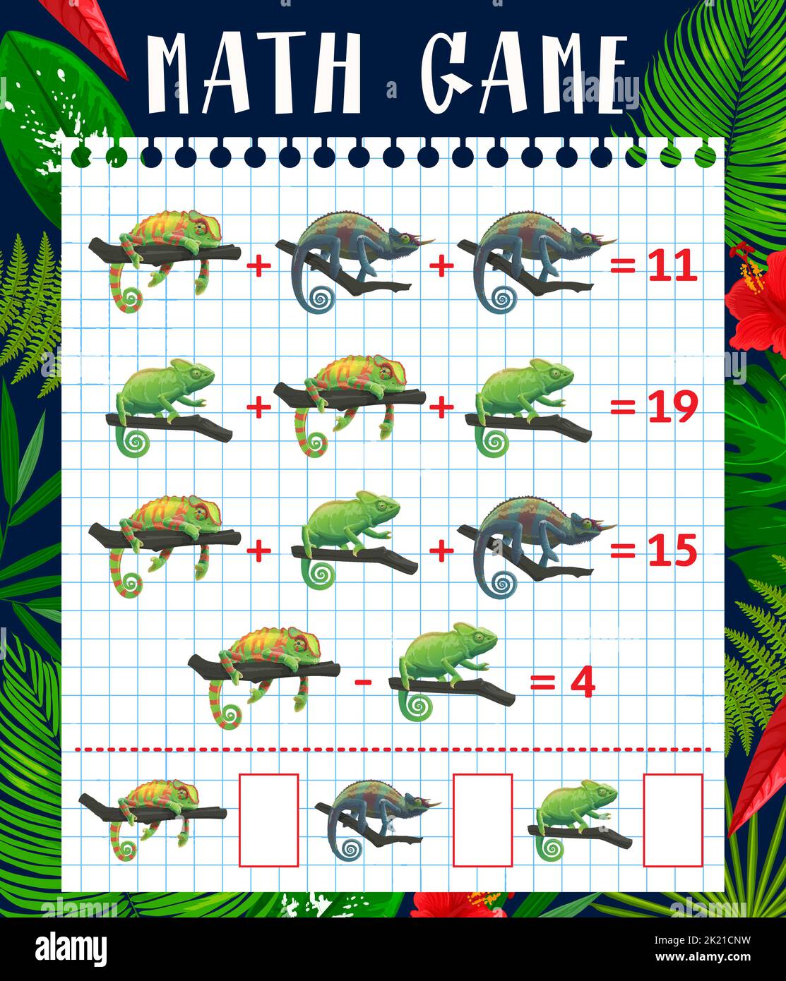 Math game worksheet, cartoon tropical chameleons, education maze. Vector quiz for kids with addition or subtraction educational task with funny lizards. Mathematics riddle worksheet Stock Vector