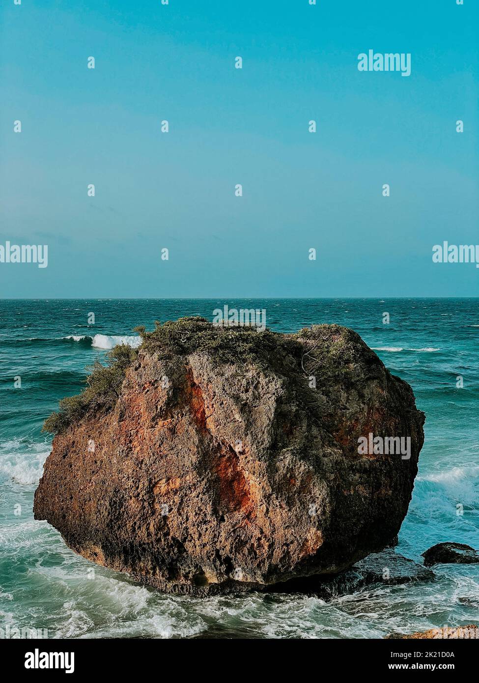 A vertical shot of a moss covered big rock on the coast of the ocean ...