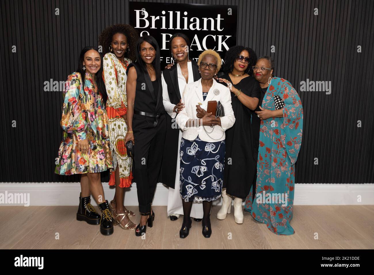 (left to right) Maggi Simpson, Sewit Sium, Gina Love, Vania Leles, Jariet Oloyé, Lorraine West and Karen Smith attend the launch of Brilliant and Black, a new selling exhibition showcasing specially commissioned jewellery by black designers, at Sotheby's in London Picture date: Wednesday September 21, 2022. Stock Photo