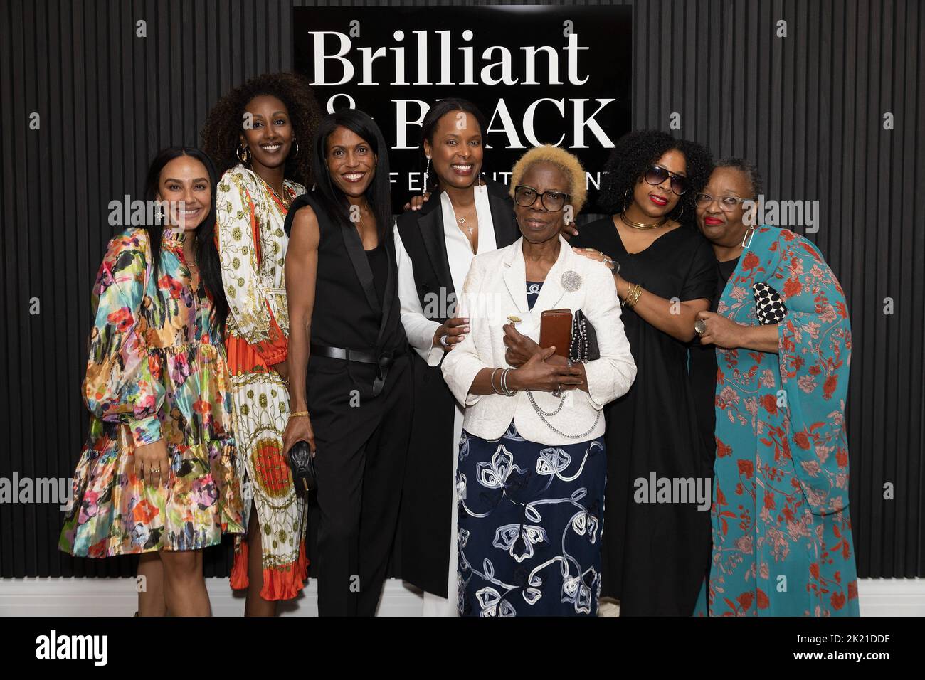 (left to right) Maggi Simpson, Sewit Sium, Gina Love, Vania Leles, Jariet Oloyé, Lorraine West and Karen Smith attend the launch of Brilliant and Black, a new selling exhibition showcasing specially commissioned jewellery by black designers, at Sotheby's in London Picture date: Wednesday September 21, 2022. Stock Photo