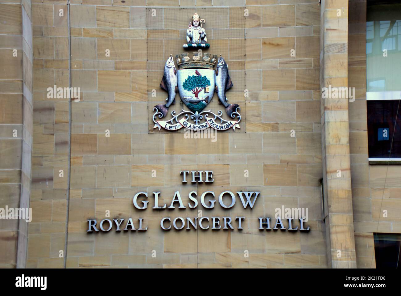 Glasgow royal concert hall logo coat of arms protected from pigeons by wire Glasgow, Scotland, UK Stock Photo