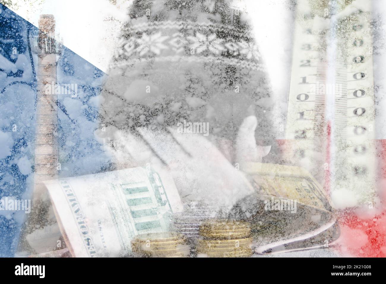 Defocus man hiding face. Increase in the cost of gas bill. Czech Republic flag. Russia war sanctions. Economy problems. Energy crisis in Europe. Cold Stock Photo