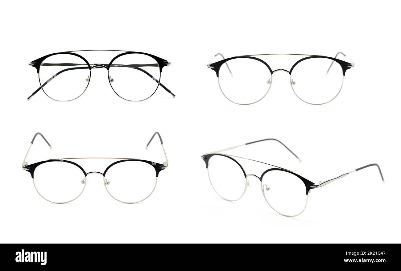 Group of beautiful eyeglass frames isolated on white background. Spectacles. Costume Fashion. Stock Photo