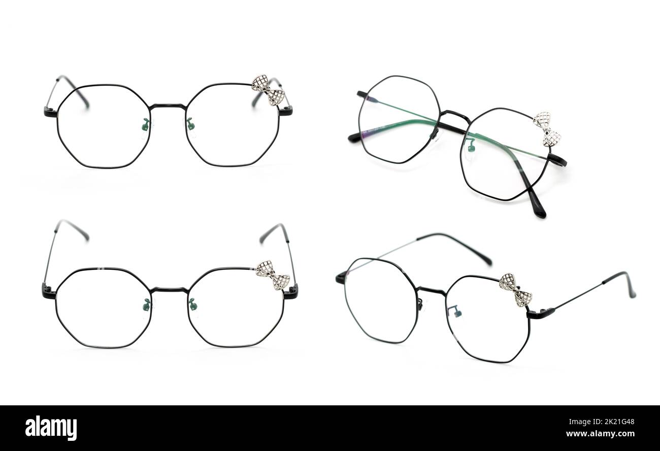 Group of beautiful eyeglass frames isolated on white background. Spectacles. Costume Fashion. Stock Photo