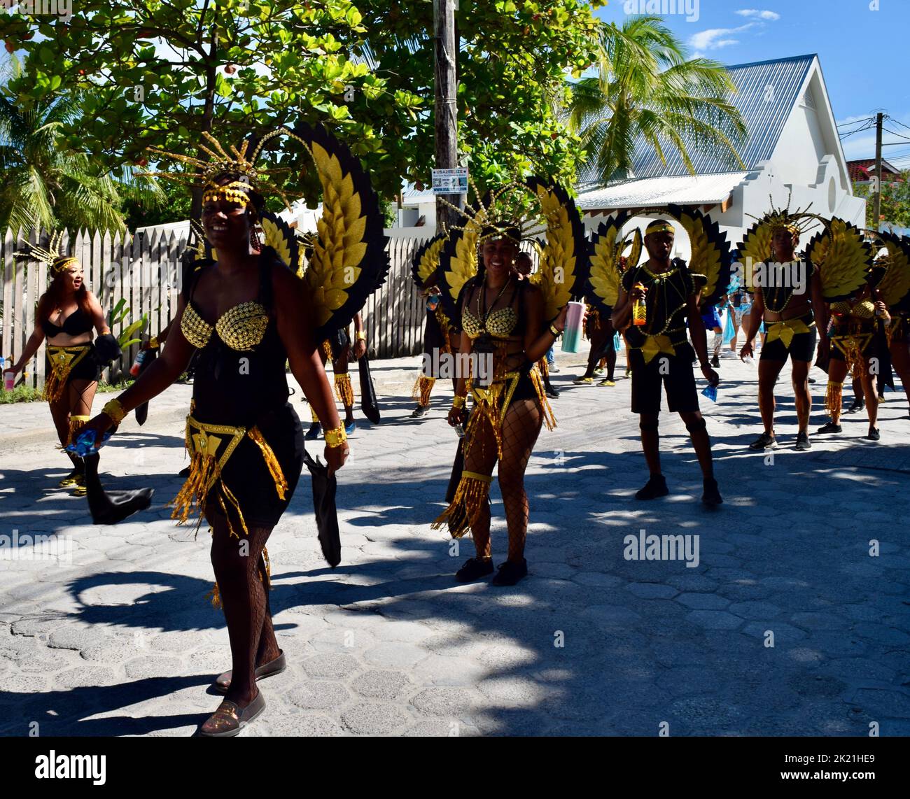 Belizeans wearing shiny, black and yellow, winged costumes in the San ...