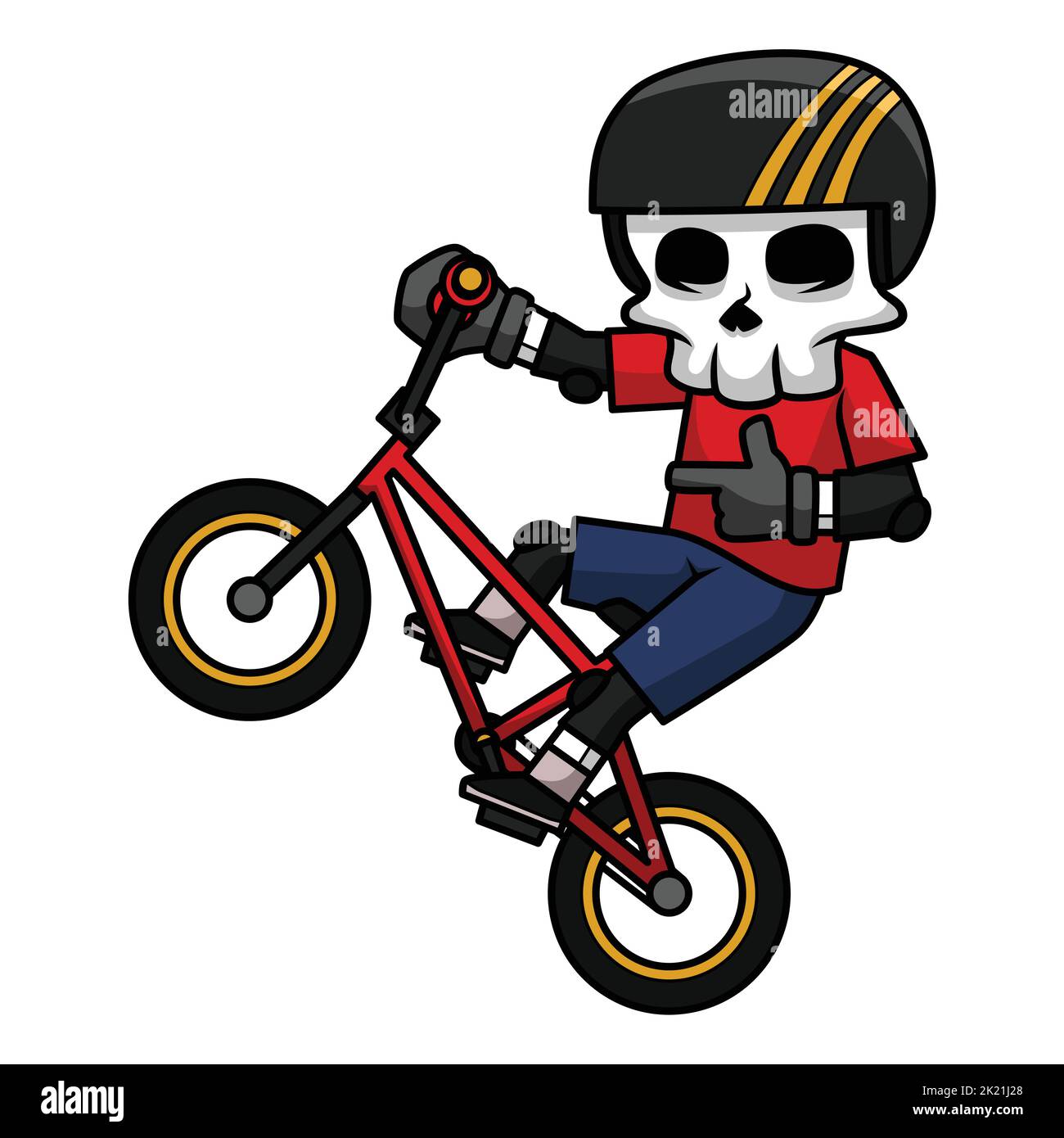 Skull BMX Rider Wears a Helmet And Pads On Knees And Elbows Doing a Wheelie. Skull Cartoon Illustration. Stock Vector