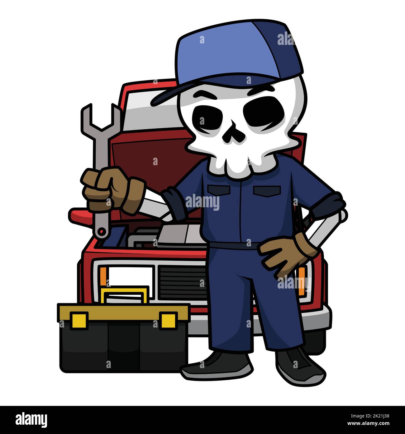 Mechanical Skull Getting Ready To Repair The Car With His Tools. Skull Cartoon Illustration. Stock Vector