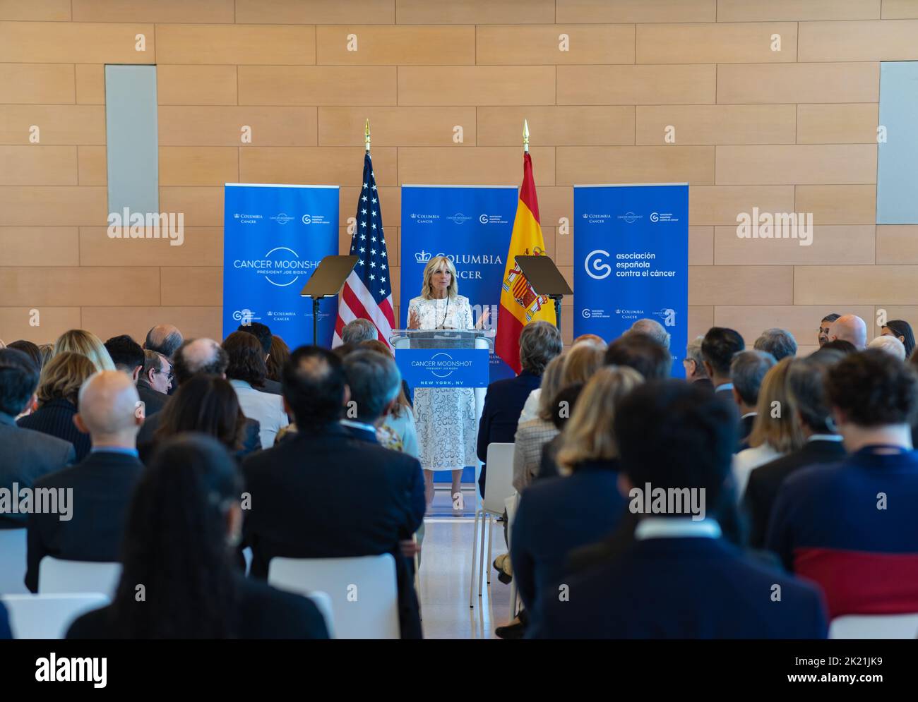 On Wednesday, September 21, 2022, as part of the Biden Administration's Cancer Moonshot, First Lady Jill Biden and Queen Letizia of Spain, Honorary President of Asociación Española Contra el Cáncer (“AECC;” Spanish Association Against Cancer), visit the Columbia University Irving Medical Center in the Washington Heights neighborhood of New York City, NY to highlight the importance of cancer research and global cooperation in the effort to end cancer as we know it. Ahead of World Cancer Research Day (September 24th), the First Lady and Queen Letizia's visit will focus on how the Herbert Irving Stock Photo
