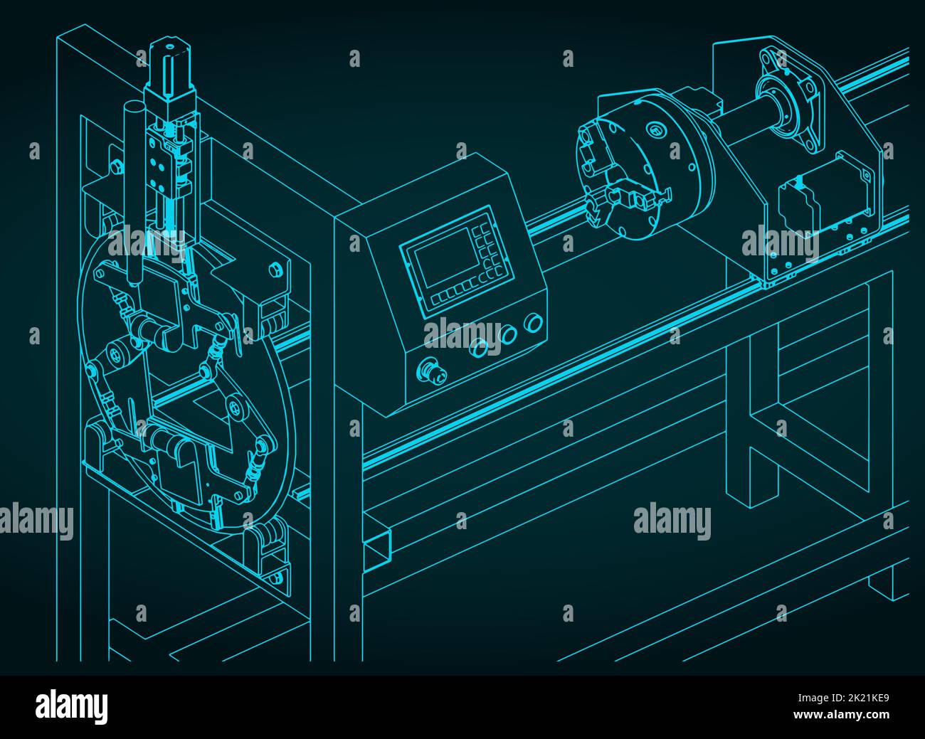 Stylized vector illustrations of isometric blueprints of CNC pipe