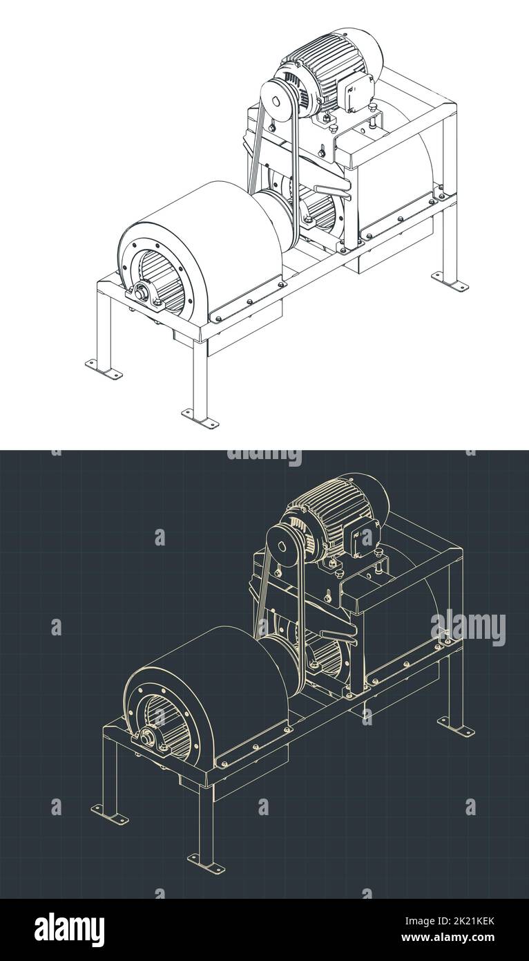 Stylized vector illustrations of isometric blueprints of industrial centrifuge air blower Stock Vector