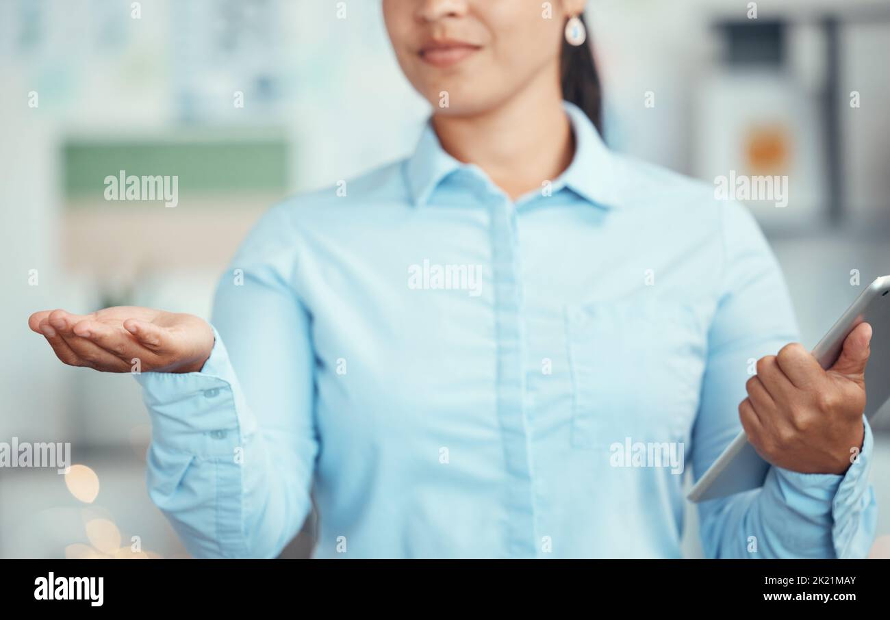 Business woman with open palm, hand and tablet, startup business funding or receiving gesture. Connection, support or charity collection, giving sign Stock Photo