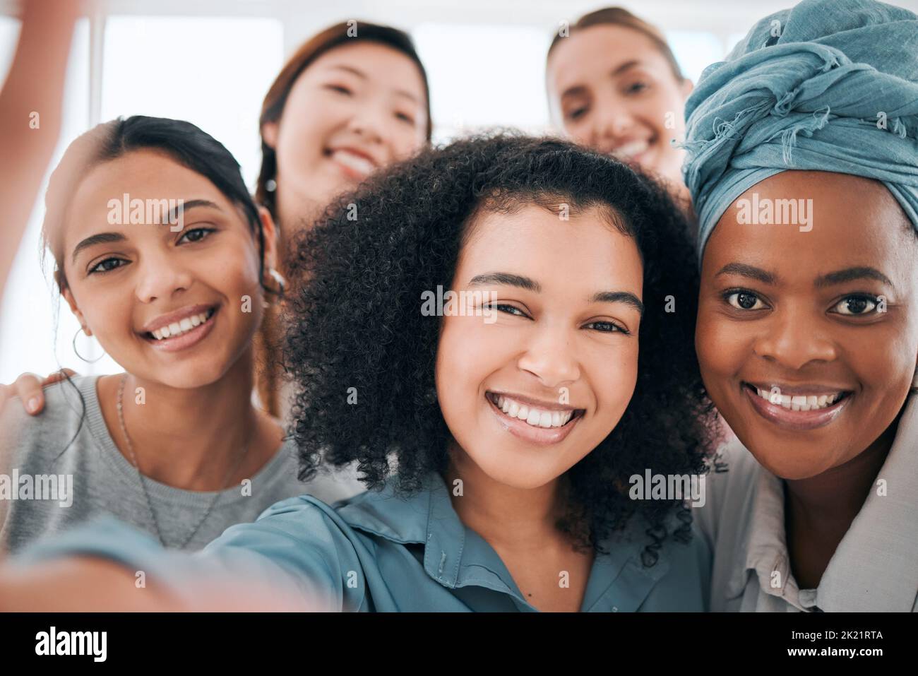 Teamwork selfie, business women and fun creative people for social media, contact us or about us company website. Portrait, happy smile or office Stock Photo
