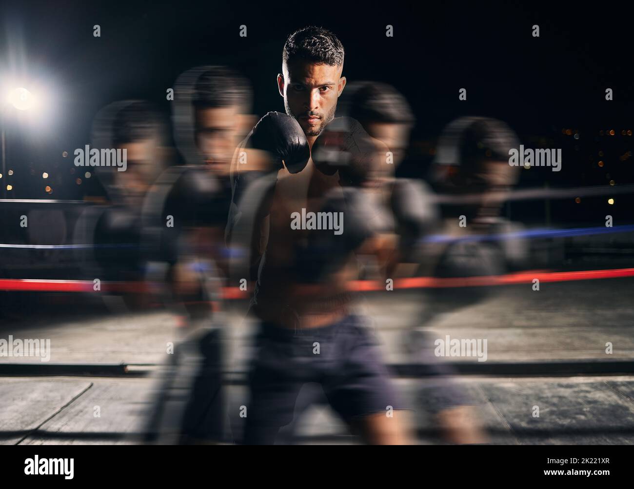 Boxing exercise, fast training and boxer motivation for fitness workout, sport wellness for health and power for competition fight at gym. Portrait of Stock Photo