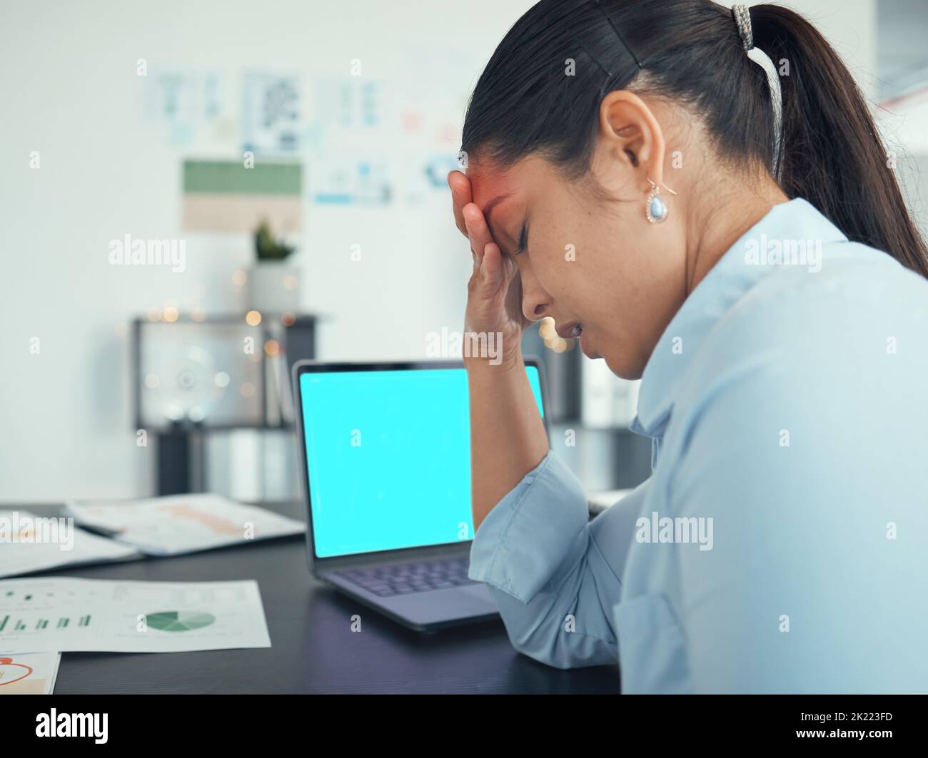 Anxiety, stress and laptop screen with green screen and mockup in a