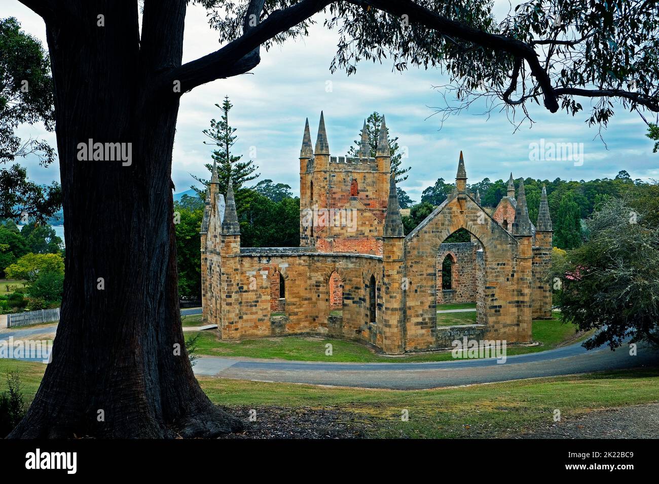 Ruin of colonial church at the penal settlement of Port Arthur on the Tasman Peninsula in Tasmania Australia Stock Photo